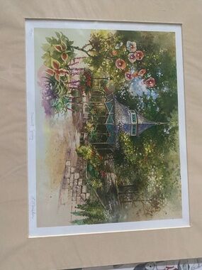 Framed Garden Gazebo Watercolor Art Print in Green and Floral Tones